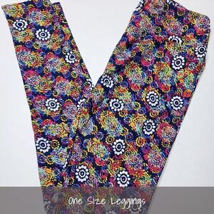LuLaRoe OS Leggings Pink Yellow Purple Floral Circles NEW